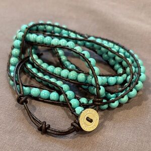 Victoria Emerson Turquoise Bead and Dark Brown Leather 5 Wrap Bracelet NWOT